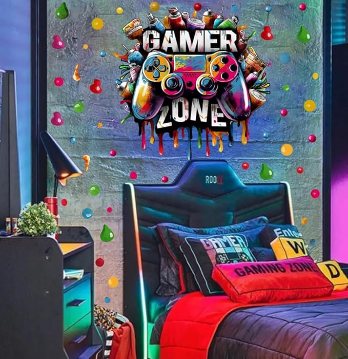 Large 3D Graffiti Gamer Zone Wall Decals (26.8”x26.4”), Watercolor Video Gaming Vinyl Wall Stickers for Game Lover, Removable Video Game Artwork for Boys Playroom Bedroom Decor