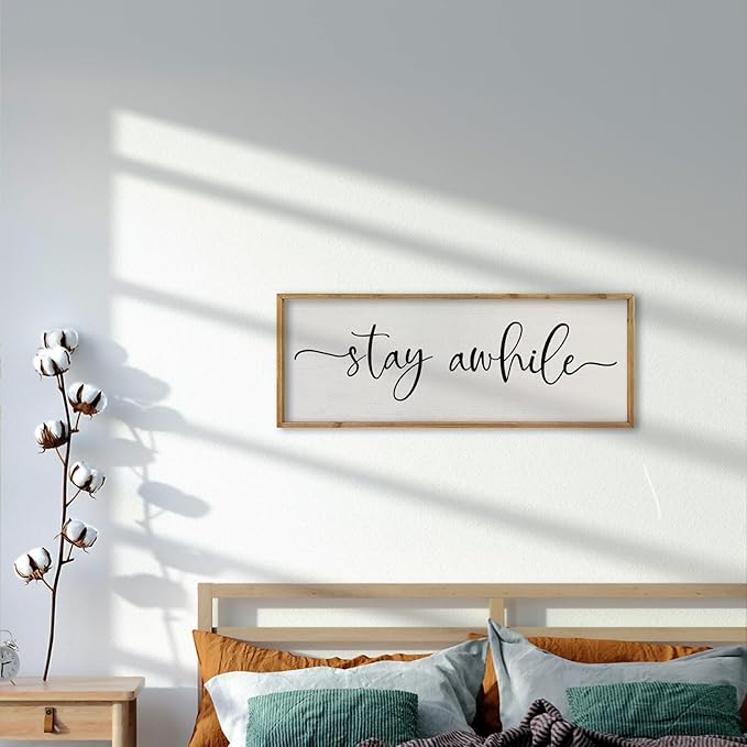 comurdyo Living Room Wall Decor Stay Awhile Sign 32"×12" Lets Stay Family Home Large Vintage Farmhouse Simple Wood Frame for Entryway Hallway Plaque Horizontal Art Hangin (Wood)