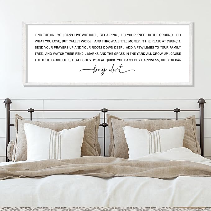 YWJKWLGS You Can't Buy Happiness But You Can Buy Dirt - 40x15 Inch Large Buy Dirt Sign, Rustic Wooden Farmhouse Wall Decor for Living Room, Kitchen, Country Home & Gardening Lovers (White)