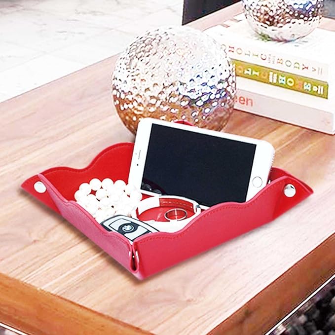 Valet Tray for Men Women 2 Pack - PU Leather Travel Catchall Tray Organizer - Desk Bedside Nightstand Storage Box for Jewelry Key Phone Remote Controller Wallet Watch Glasses Readers -Red