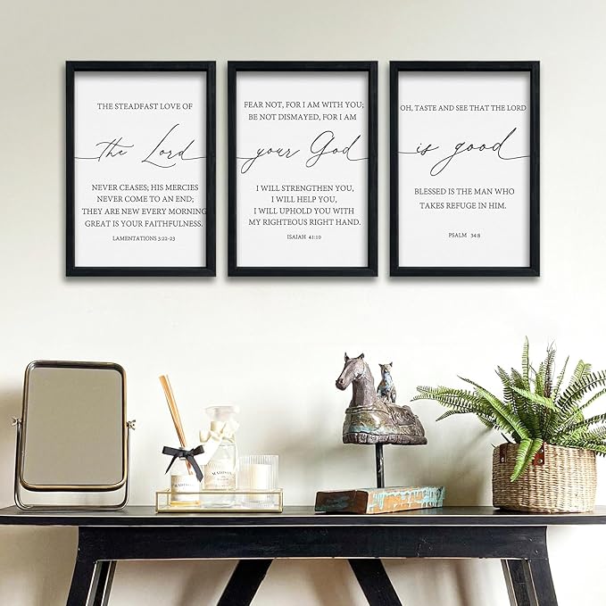 Bible Verses Christian Wall Decor Art The Lord Your God Is Good 16"x11" Set of 3 Scripture Bedroom Above Bed Sign Religious Rustic Home Office Living Room Wall Hanging (Black)