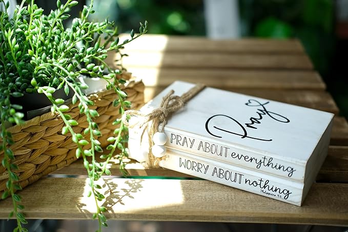 LIVDUCOT Faux Books for Christian Decoration, Decorative Wooden Book Stack for Bible Verse Home Decor - Pray About Everything Worry About Nothing Sign