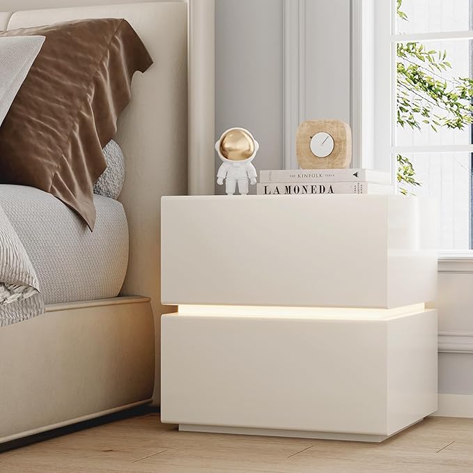 Modern Nightstand with Lights, Microfiber Leather Surface for Soft Touch, LED Night Stand with 2 Drawers for Bedroom Bed Sofa