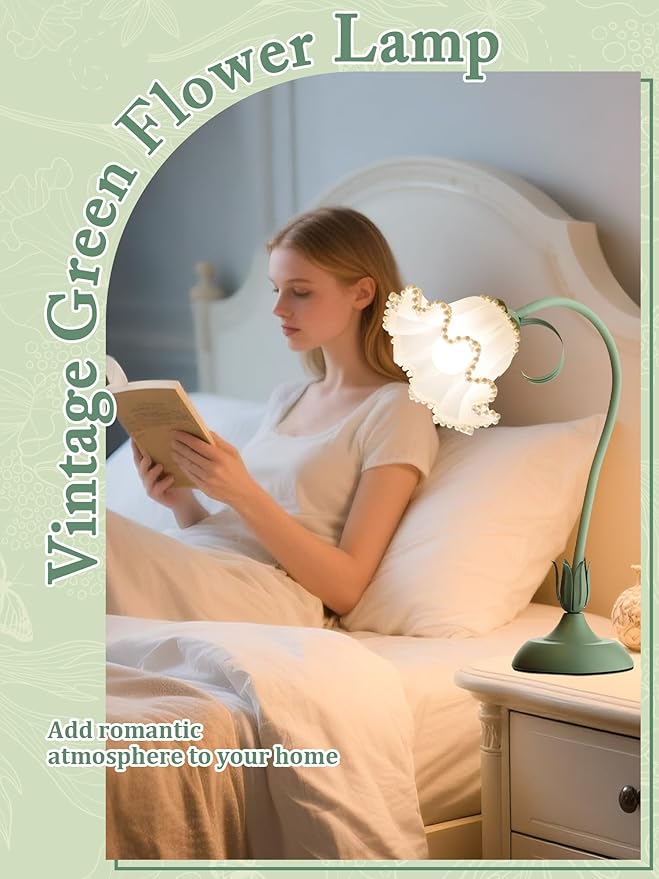 Flower Table Lamp,LED Reading Light Bedside Vintage Flower Night Light,3 Colors Modes Kawaii Bedside Lamps Decor,Living Room Bedroom Room Lighting Table Lamps Home Decoration (Green Pearls)