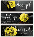 ZINYAZHE 3 Pcs Yellow Wall Decor Inspirational Yellow Rose Bathroom Wooden Wall Art Office Wall Decor With Accept Let Go Have Faith Quotes For Girl Women Bathroom Bedroom(yellow 12 X 4 Inch)