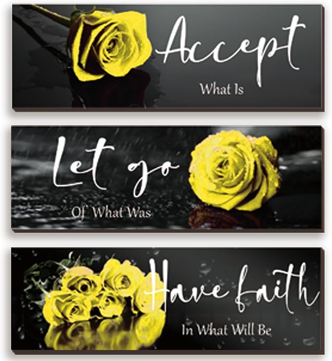 ZINYAZHE 3 Pcs Large Yellow Wall Decor Inspirational Yellow Bathroom Wooden Rose Wall Art Office Wall Decor With Accept Let Go Have Faith Quotes For Girl Women Bathroom Bedroom(yellow 16 X5)