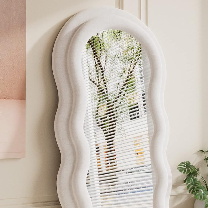 Full Length Mirror, 63"x24" Wavy Floor Mirror, Arched Standing Mirrors Full Length, Cloud Shaped Flannel Wall Mirror, Dressing Body Mirrors Hanging or Leaning Against Wall for Bedroom (White)
