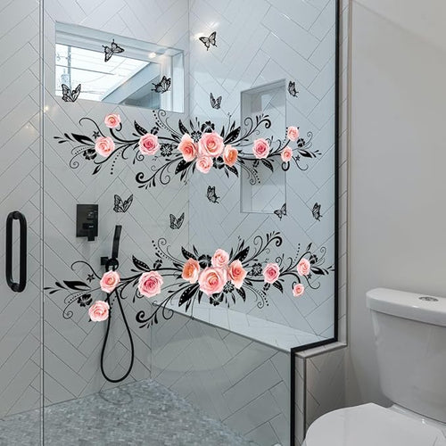 3D Wall Stickers DIY Flower Wall Decal Removable Waterproof Wall Art Decor for Bedroom Living Room Offices Home Decoration (Black Pink Rose)