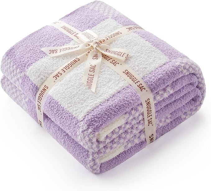 Snuggle Sac Checkered Blanket, Lilac Purple Throw Blanket for Couch Plaid Microfiber Fluffy Warm Cozy Fuzzy Soft Throw Blanket Reversible Checkerered Blankets for Sofa, Chair, Bed, 50x60 inches