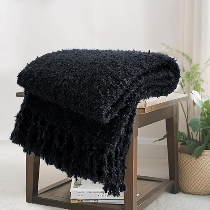 Knit Throw Blanket Fluffy Fuzzy Soft Lightweight Cozy Farmhouse Tassels Chunky Knitted Throws for Couch Sofa Bed (Black, 50"x60")