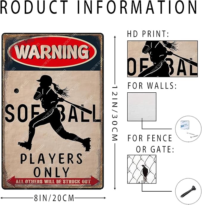 snowsun Softball Metal Signs Warning Softball Players Only Vintage Tin Sign Warning Wall Decor for Boys Girls Bedroom Sports 8×12 Inches