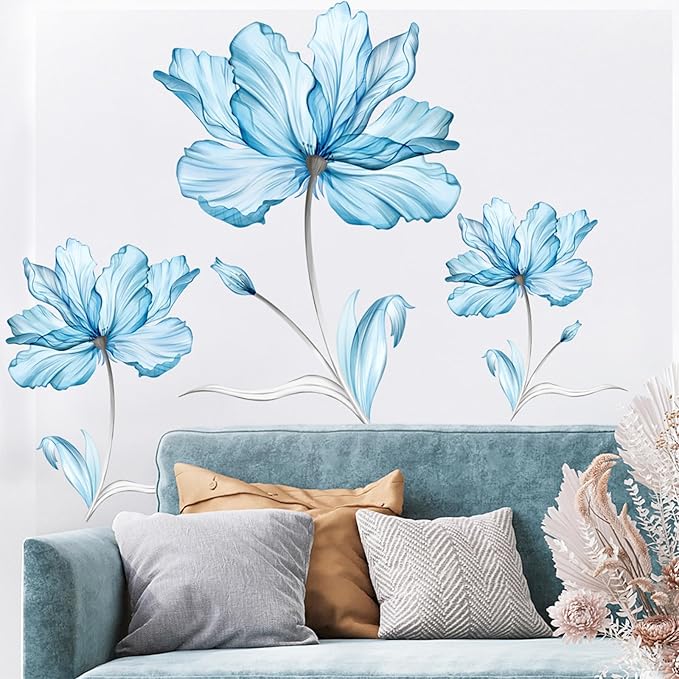 TUOKING Blue Flowers Wall Stickers Decor,6 Sheet Removable Wall Murals Peel and Stick Modern Wall Art Decal Home Decor for Kitchen,Bedroom,Living Room(MS6266)