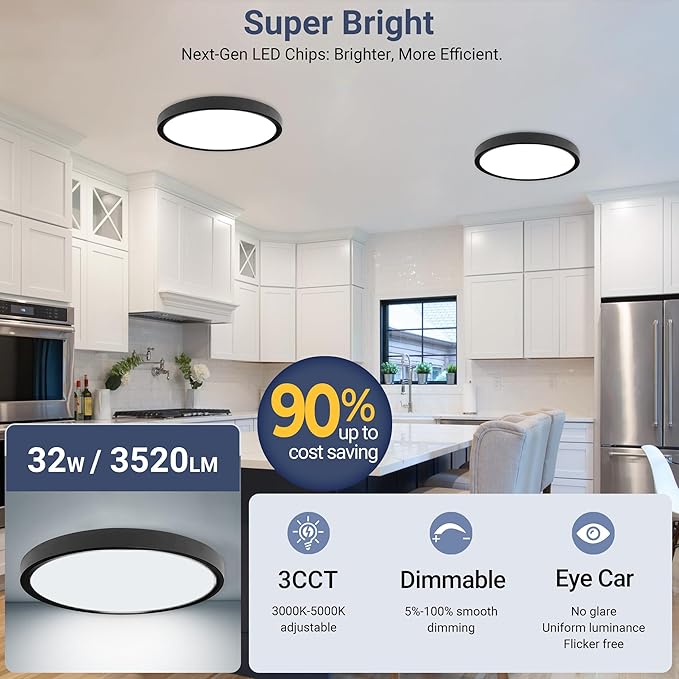 3520LM Dimmable LED Flush Mount Ceiling Light, 15.8 Inch Edge-Lit Flat Fixture, 3000K/4000K/5000K 3 Color Temperature Selectable, Close to Ceiling Lighting for Bedroom Kitchen Laundry,4Pack Black