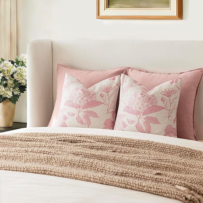Foindtower Set of 2 Linen Floral Throw Pillow Covers Neutral Vintage Print Decorative Cozy Cushion Covers Farmhouse Boho Home Decor for Sofa Chair Couch Bedroom Living Room,22×22 Inch,Light Pink