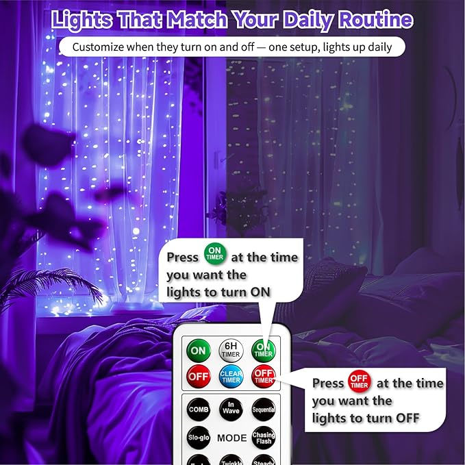 HXWEIYE 300LED Untangled Curtain Lights, 9.8x9.8Ft USB Fairy Twinkle String Lights with Remote and DIY Timer, 8 Modes Window Wall Hanging Light for Bedroom Dorm Backdrop Room Decor, Purple