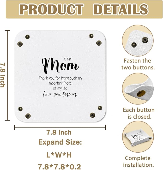Mom Gifts Leather Jewelry Valet Tray,I Love You Mom Gift from Son Daughter PU Leather Catchall Beside Caddy Nightstand Organizer Tray for Jewelry Rings Watches Keys and Accessories,7.8x7.8inch
