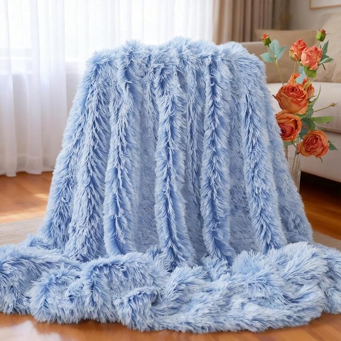 Plush Super Soft Blanket Bedding Sofa Cover Furry Fuzzy Fur Warm Throw Qulit Cozy Couch Blanket for Winter (63"x79",Blue and White)