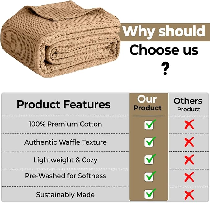 100% Cotton Blankets for Bed - Waffle Weave Blankets for Summer, Lightweight and Breathable Soft Woven Blanket for Spring (Beige, Throw (50" x 60"))