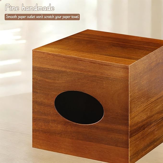 Wood Tissue Box Cover Square wiht Storage, Acacia Tissues Box Holder, Decorative Cube Tissues Box Organizer with Remote Control Holder for Bathroom, Nightstand, Modern Farmhouse Decor