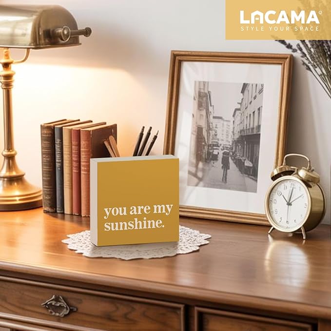 Lacama Inspirational You Are My Sunshine Wooden Box Sign, Yellow Motivational Decorations Wood Block Signs, Inspirational Wood Sign for Kids Room Nursery Desk Shelf Wall Decor 5x5 Inches