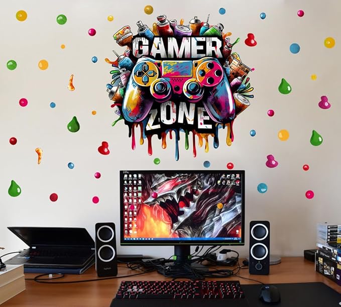 Large 3D Graffiti Gamer Zone Wall Decals (26.8”x26.4”), Watercolor Video Gaming Vinyl Wall Stickers for Game Lover, Removable Video Game Artwork for Boys Playroom Bedroom Decor