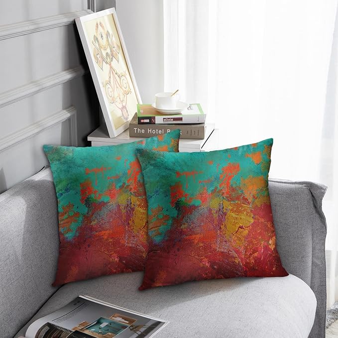 Britimes Throw Pillow Covers Modern Home Art Decor, 18 x 18 Inches Set of 2 Pillow Cases Decorative, Abstract Oil Painting Pillowcases for Bedroom, Living Room, Cushion Sofa, Turquoise Burnt Orange
