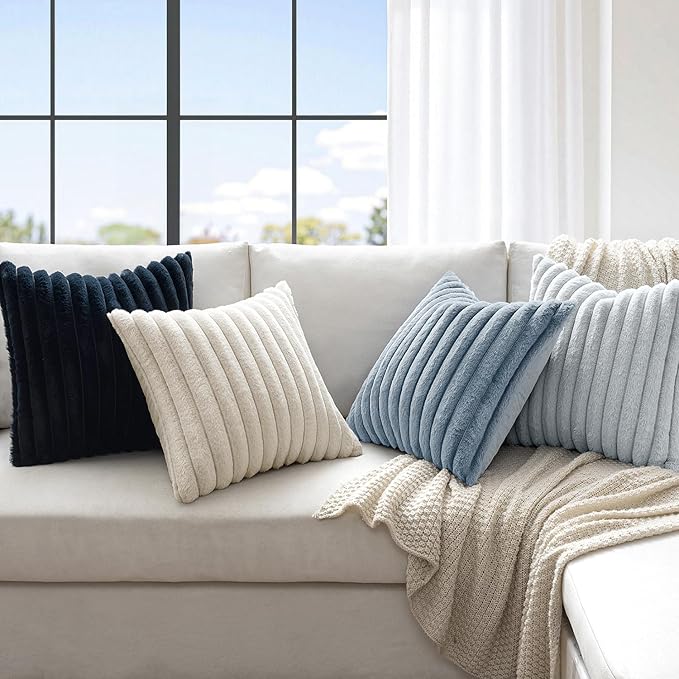 MIULEE Faux Fur Plush Decorative Throw Pillow Covers 18x18 Set of 4, Spring Modern Soft Fuzzy Coastal Striped Cushion Covers for Sofa Couch Bed Living Room Cozy Home Decor,Navy Blue