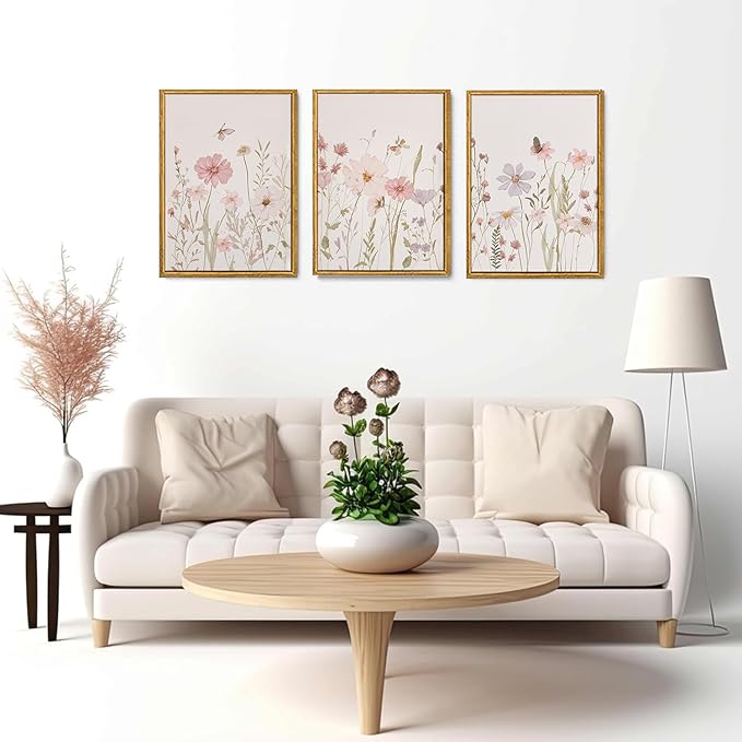 Wodkwq 3 Piece Wildflower Canvas Wall Art Framed,Pink Watercolor Flower Wall Decor,Vintage Floral Pictures,Botanical Nursery Prints For Bedroom,Living Room 16x24in