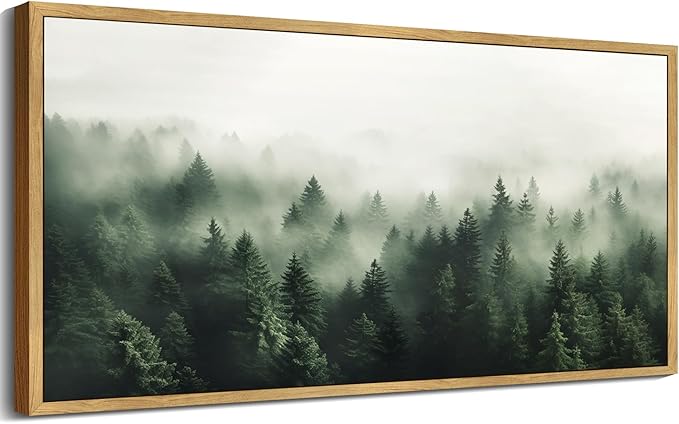 SHENIFY Green Fog Pine Tree Forest Vintage Framed Wall Art Modern Landscape Scenery Farmhouse Artwork Prints Decor for Hallway Bedroom Living Room Dining Room - 30x60in Natural Framed