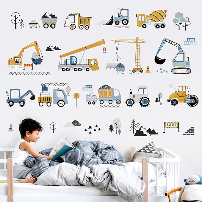 decalmile Construction Vehicles Wall Stickers Trucks Tractor Excavator Crane Wall Decals Nursery Boys Bedroom Playroom Wall Decor