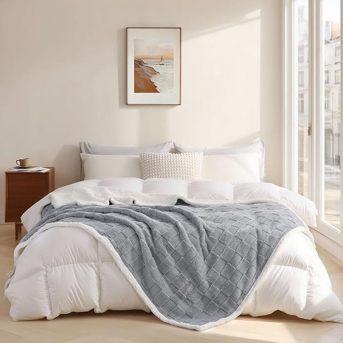 Sherpa Throw Blanket for Couch, Flannel Cozy Soft Thick Blanket for Bed - Fleece, Light Grey, 60x80 Inches