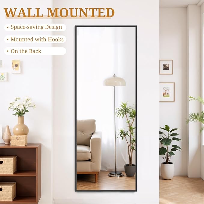 Full Length Mirror 64"x21" Full Body Mirror Rectangle Free Standing Wall Mounted Leaning Floor Mirrors with Stand Aluminum Alloy Frame for Bedroom Cloakroom, Black