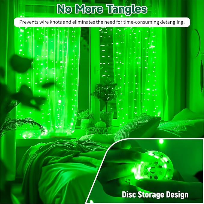 HXWEIYE 300LED Untangled Curtain Lights, 9.8x9.8Ft USB Fairy Twinkle String Lights with Remote and DIY Timer, 8 Modes Window Wall Hanging Light for Bedroom Dorm Backdrop Room Decor, Green
