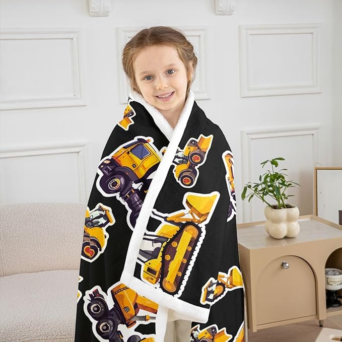 Erosebridal Excavator Sherpa Blanket Under Construction Fleece Blankets Cartoon Truck Tractor Blanket Throw for Kids Boys Young Cranes Equipment Fuzzy Blankets Sofa Decor 30"x40" Yellow