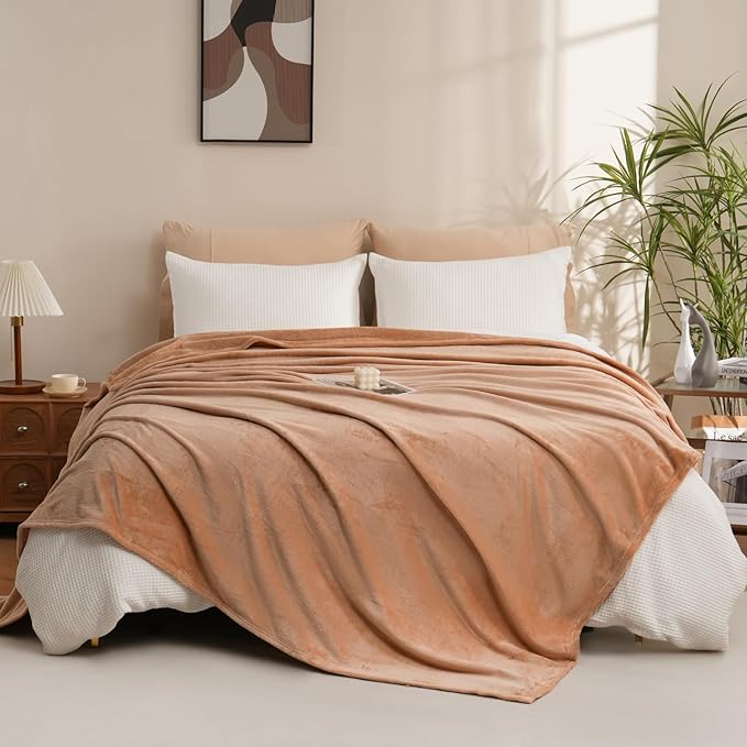 Fleece Blanket, Silky Flannel Fuzzy for All Season, Lightweight Cozy Blanket for Queen Size Bed, 90" x 90", Camel