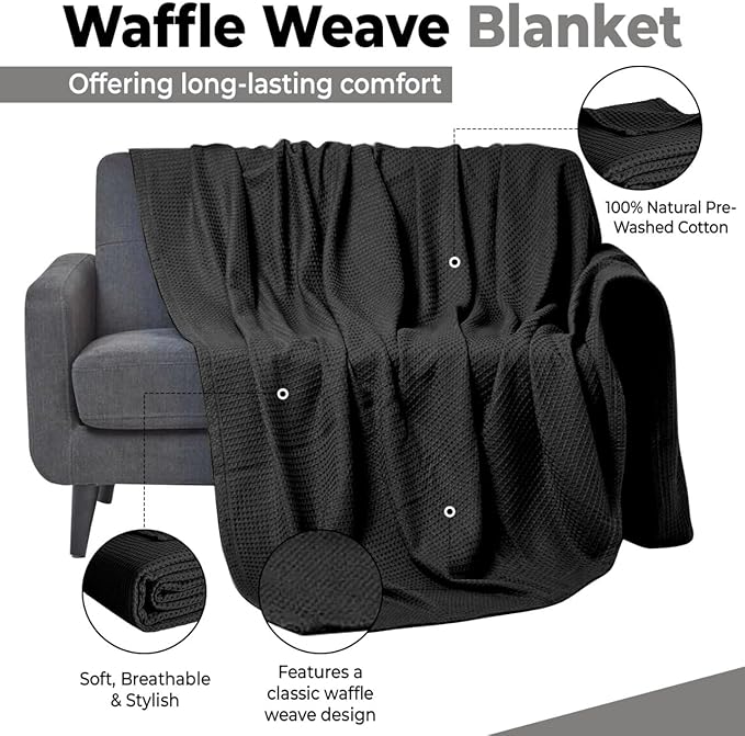100% Cotton Blankets for Bed - Waffle Weave Blankets for Summer, Lightweight and Breathable Soft Woven Blanket for Spring (Black, Throw (50" x 60"))