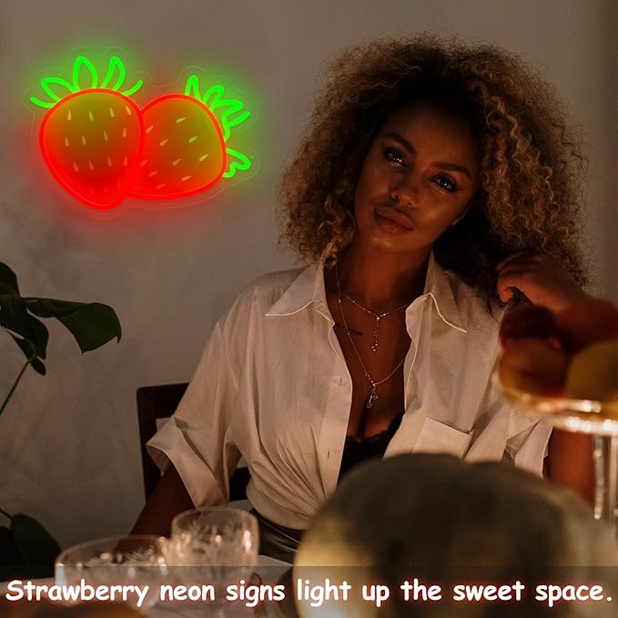 Strawberry Neon Sign for Wall Decor, Dimmable Printing Strawberries Fruits Neon Lights, Vibrant Fruit Themed Neons LED Signs for Kids Room, Bedroom, Restaurant, Bar, Club, Fruit Shop, Birthday Party
