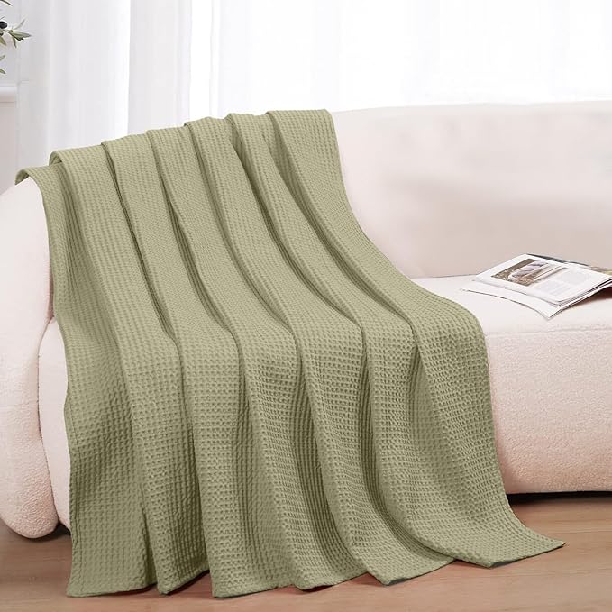 100% Cotton Blankets for Bed - Waffle Weave Blankets for Summer, Lightweight and Breathable Soft Woven Blanket for Spring (Olive Green, Throw (50" x 60"))