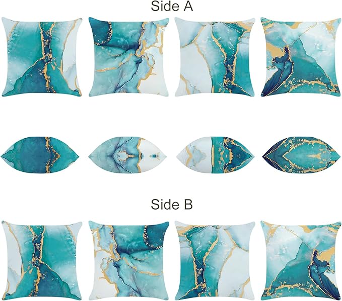 Bonhause Turquoise Marble Throw Pillow Covers 18x18 Inch Set of 4 Two-Sided Teal Gold Abstract Art Modern Decorative Pillows Case Soft Velvet Outdoor Cushion Covers for Couch Sofa Bed Home Decor