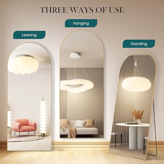 NEWBULIG Arched Full Length Mirror 71.1"x26" for Bedroom, Full Body Mirror with Stand, Hanging or Leaning for Wall, Aluminum Alloy Thin Frame Floor Standing for Living Room, Long, Classical Gold