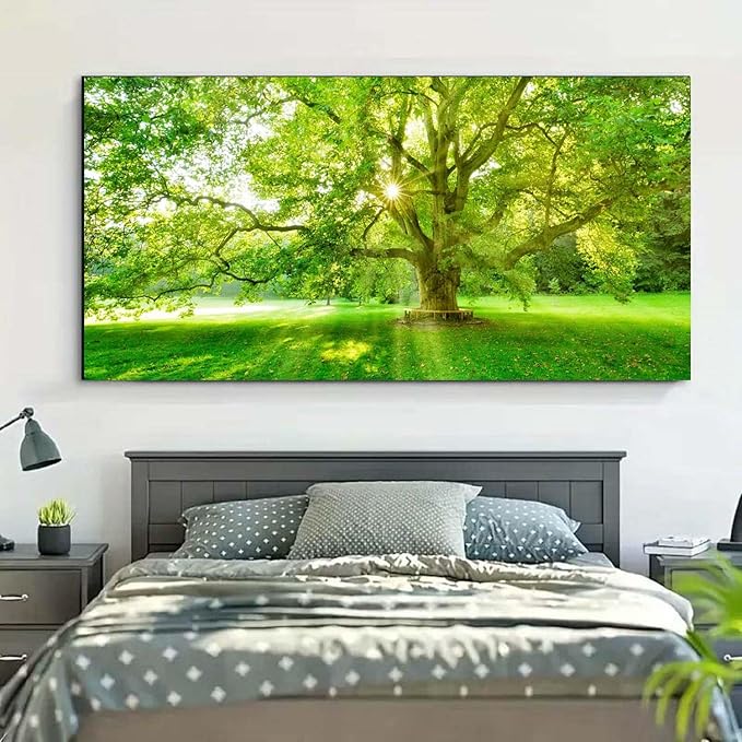 Bamdeya Large Picture Living Room Wall Art Forest Canvas paintings Trees wall decor Green Artwork for Walls Sunset Landscape Wall Art Bedroom Wall Decor Dining Room Home Office Decorations