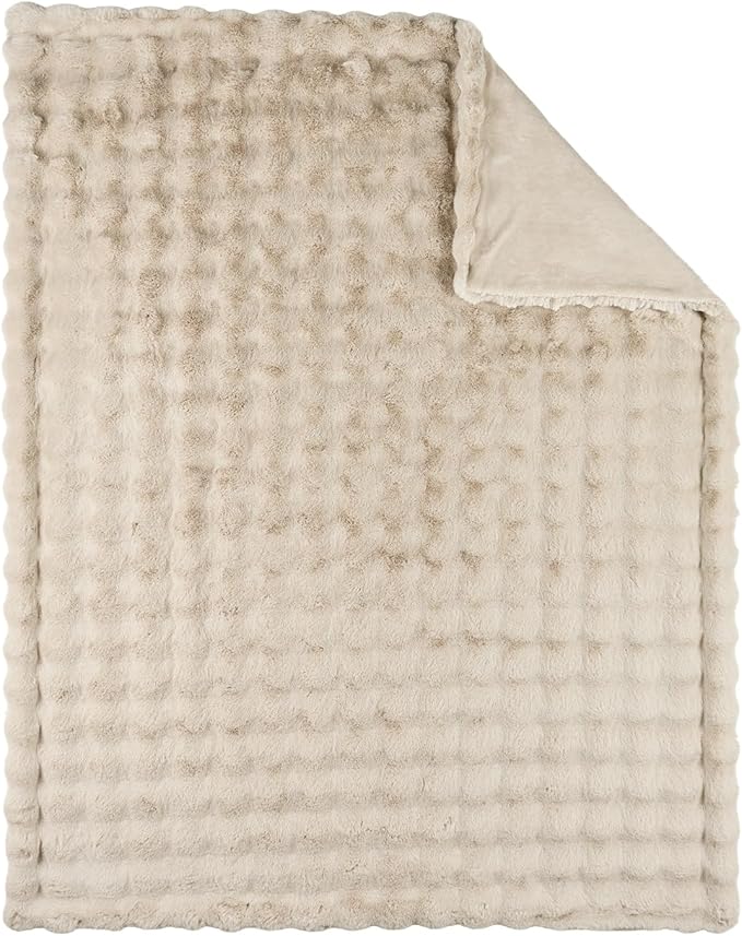 Lotus Karen Faux Fur Throw Blanket Linen - 800 GSM Bubble Rabbit Fluff Blanket for Couch Bed Sofa,Softest Fluffy Fuzzy Cozy Blanket,Thick Furry Plush Shaggy Warm Blankets for Women,50x60 Inches