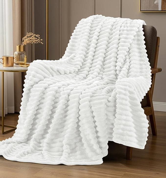 Utopia Bedding Off White Striped Fleece Blanket Twin Size – Fluffy, Warm & Lightweight Ribbed Throw for Bed, Sofa & Chair - Soft Cozy Blanket for Home Décor & Gifting (60x80 Inches)