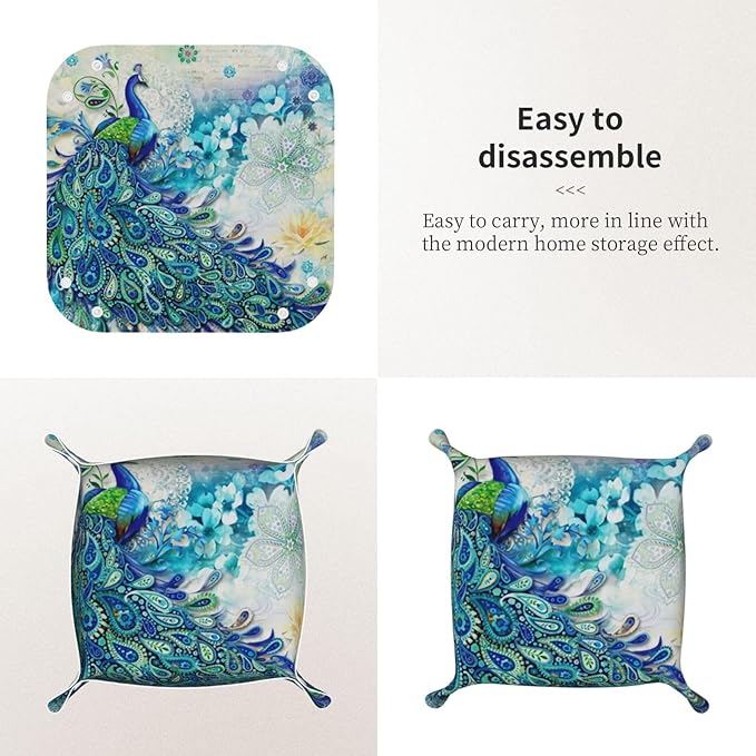 Peacocks and flowers Leather Vanity Tray Desktop Storage Organizer, Decorative Catchall Perfume Tray, Bathroom Valet Tray,Nightstand Caddy Holder for Keys Phone Wallet Coin Jewelry, S
