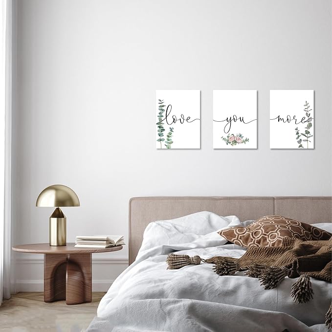 1 KINGO Love You More Wall Art: 12"x16"Love Quotes Bedroom Wall Decor Above Bed, Set of 3 Eucalyptus Wall Art Canvas Prints, Sage Green Botanical Decor for Modern Farmhouse Master Bedroom Living Room
