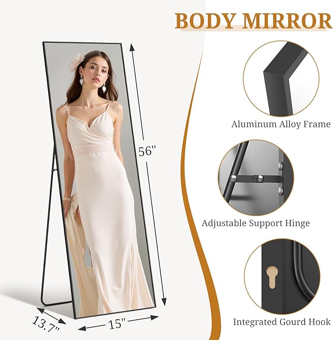Full Length Mirror 56"x15" Full Body Mirror Rectangle Free Standing Wall Mounted Leaning Floor Mirrors with Stand Aluminum Alloy Frame for Bedroom Cloakroom, Black