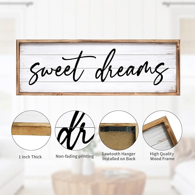 Sweet Dreams Wall Decor Above Bed 42''×15'' Large Bedroom Wall Sign Farmhouse Bedroom Sign Wood Framed Guest Room Decor Master Bedroom Wall Decoration