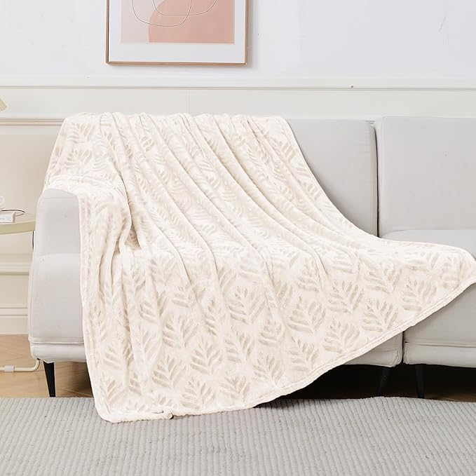 Exclusivo Mezcla King Size Fleece Blanket for Bed, Super Soft and Cozy Blankets All Season Use, Leaves Pattern, Plush Fuzzy Lightweight, Ivory, 90x104 Inch