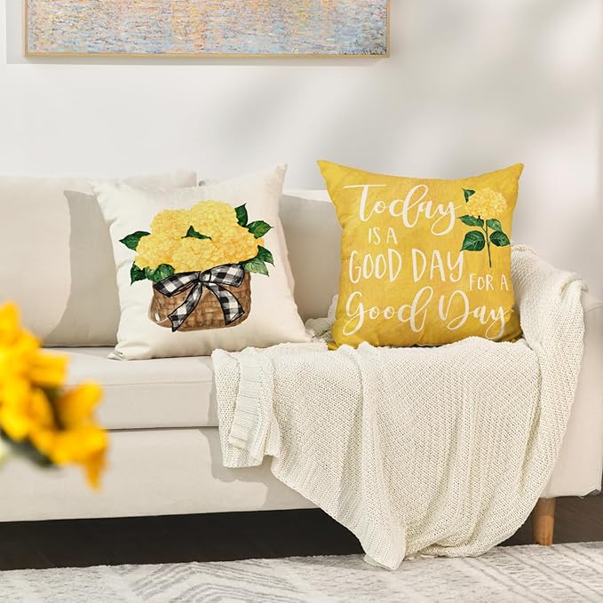 AVOIN colorlife Yellow Hydrangea Summer Throw Pillow Covers, 16 x 16 Inch Today is A Good Day Dark Yellow Cushion Case Decoration for Sofa Couch Set of 4