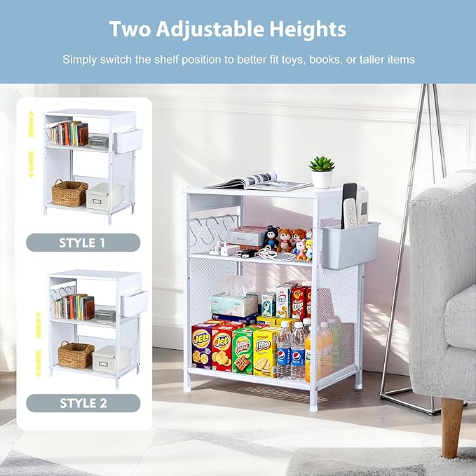 Kids Nightstand, 3-Tier Metal Side Table with Adjustable Storage Shelf, Basket & 3 S-Hooks, Small Bedside Table for Nursery, Toddler Bedroom and Small Spaces (White)